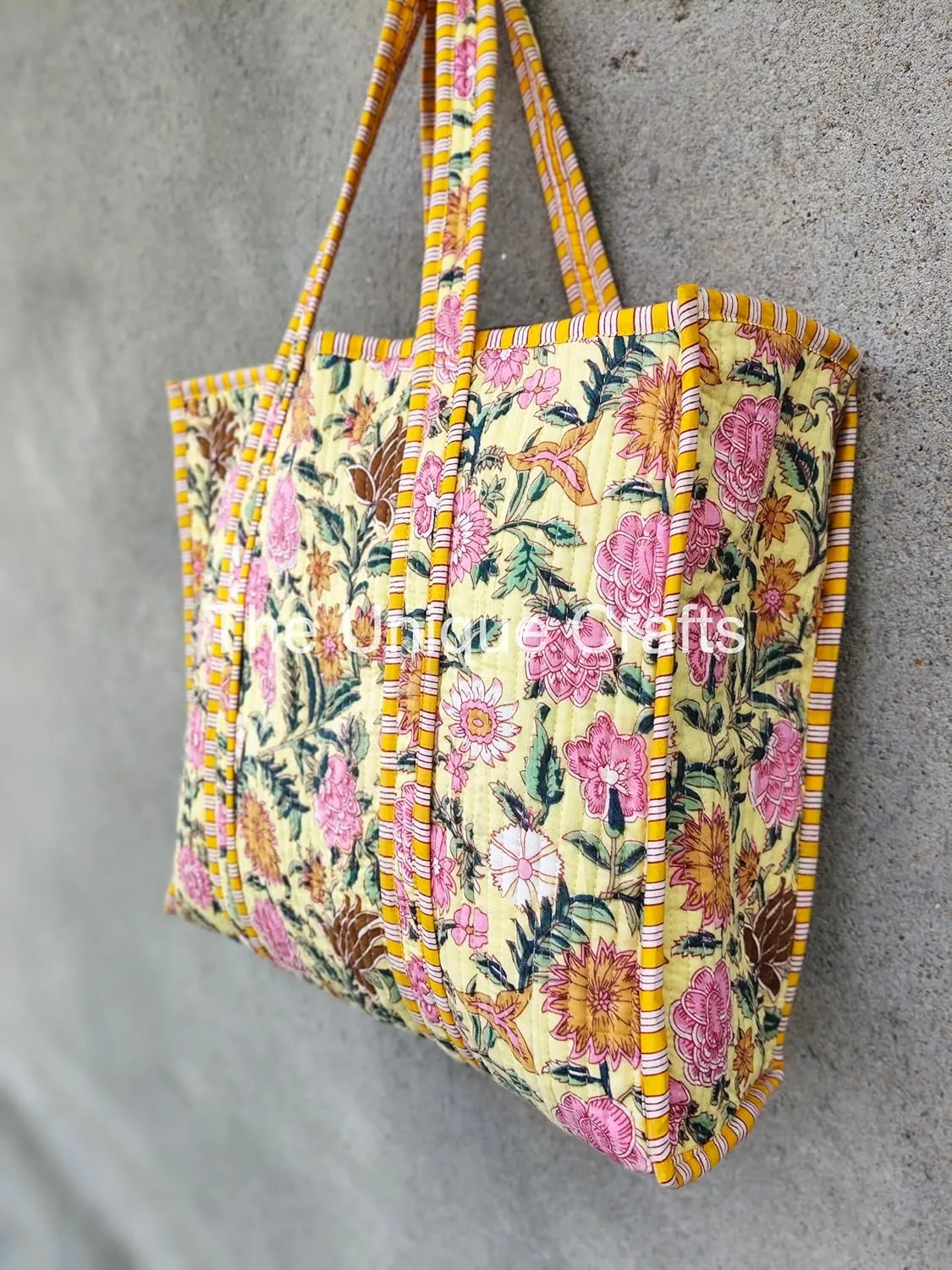 Tote Bag For Women, Shoulder Purse with Inner Pocket, Quilted Cotton Handprinted Reversible Large Multicolor Tote Bag