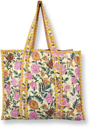 Tote Bag For Women, Shoulder Purse with Inner Pocket, Quilted Cotton Handprinted Reversible Large Multicolor Tote Bag