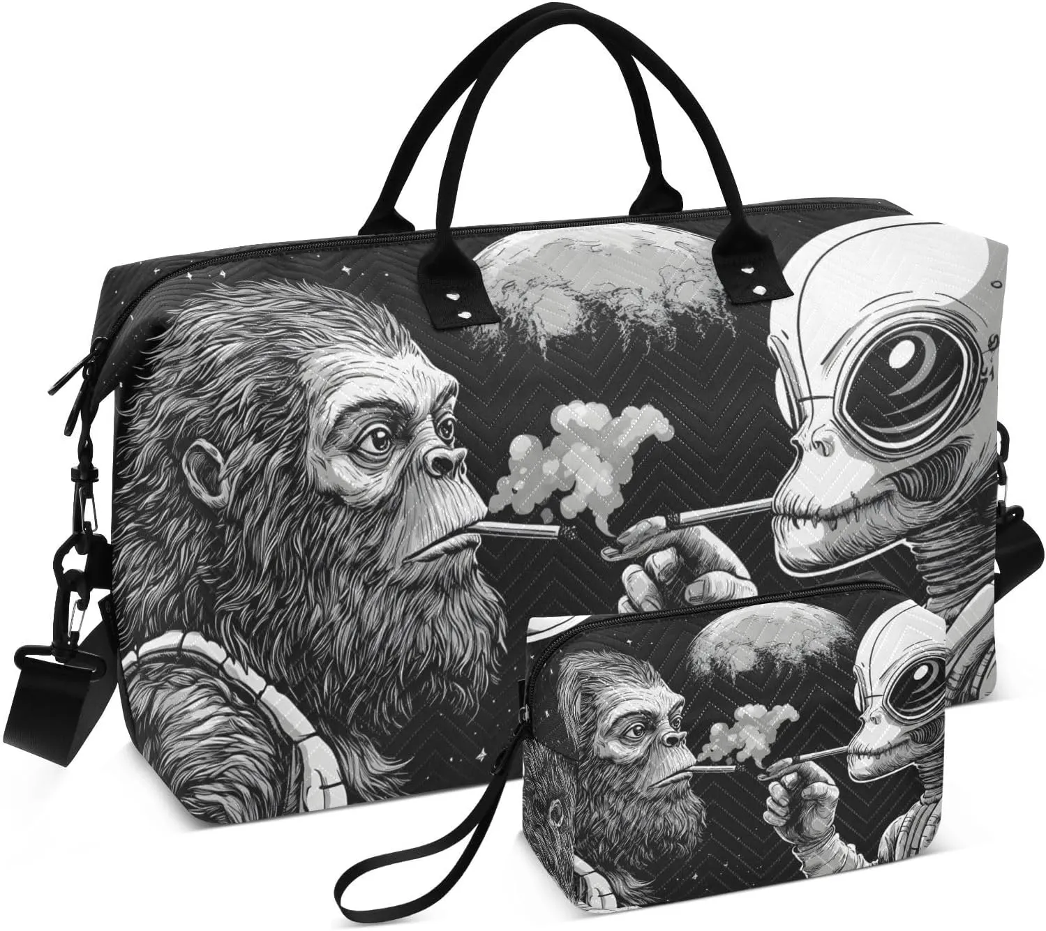 Travel Duffel Bag Alien Sasquatch Space, Gym Bags with Multiple Interior Pockets for Men Women Toiletry Purse Included 20.5”x 1.9” x 13.8”