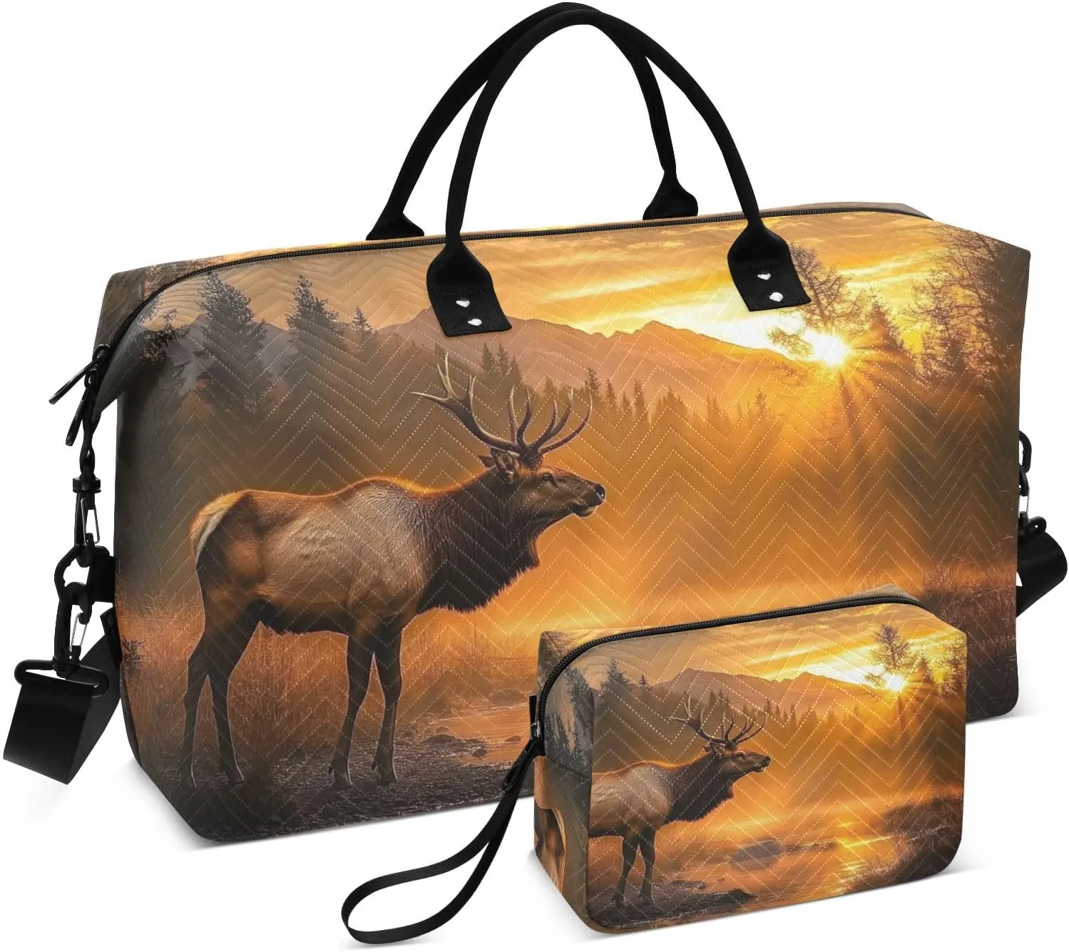 Travel Duffel Bag Elk Sunrise Forest, Gym Bags with Multiple Interior Pockets for Men Women Toiletry Purse Included 20.5”x 1.9” x 13.8”