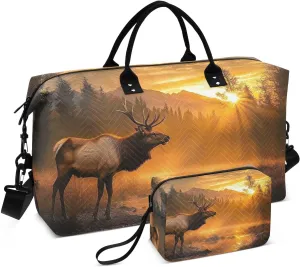 Travel Duffel Bag Elk Sunrise Forest, Gym Bags with Multiple Interior Pockets for Men Women Toiletry Purse Included 20.5”x 1.9” x 13.8”