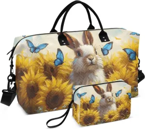 Travel Duffel Bag Hare Sunlower Cute, Gym Bags with Multiple Interior Pockets for Men Women Toiletry Purse Included 20.5”x 1.9” x 13.8”