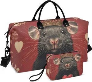 Travel Duffel Bag Rat Crown Heart Red, Gym Bags with Multiple Interior Pockets for Men Women Toiletry Purse Included 20.5”x 1.9” x 13.8”