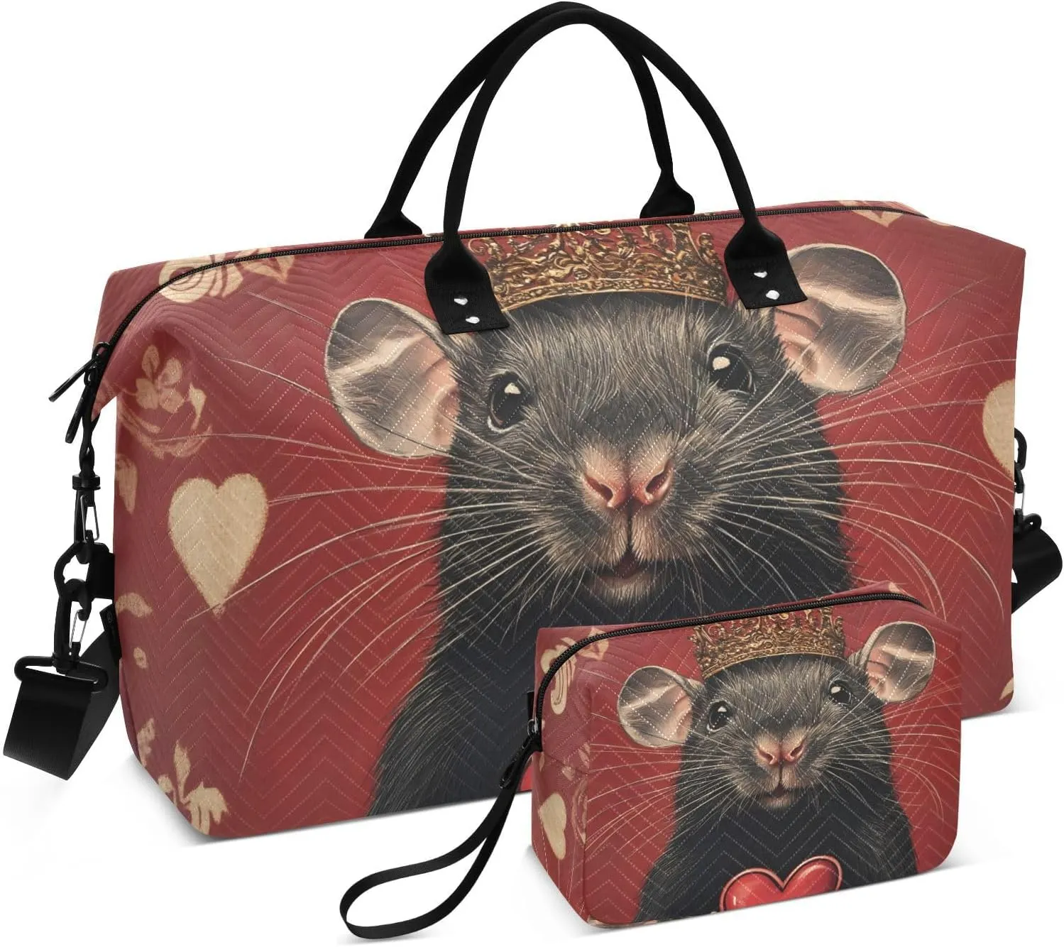Travel Duffel Bag Rat Crown Heart Red, Gym Bags with Multiple Interior Pockets for Men Women Toiletry Purse Included 20.5”x 1.9” x 13.8”