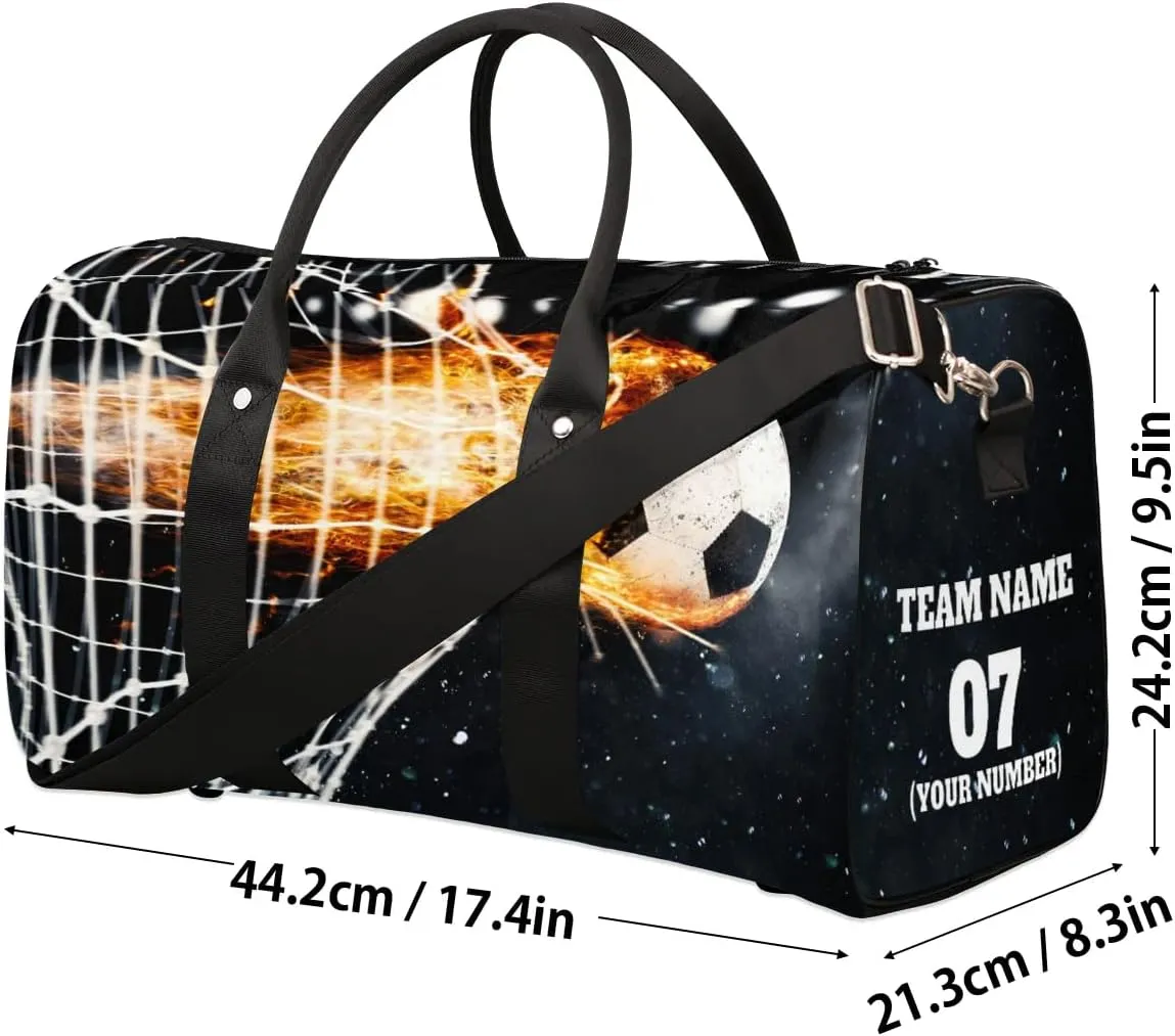 Travel Duffle Bags for Teenage Boys Men, Custom Soccer Fireball Sports Overnight Bags Foldable Gym Bag Personalized Team Number Weekender Sleepover Carry On Bag