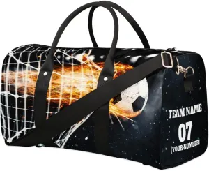 Travel Duffle Bags for Teenage Boys Men, Custom Soccer Fireball Sports Overnight Bags Foldable Gym Bag Personalized Team Number Weekender Sleepover Carry On Bag
