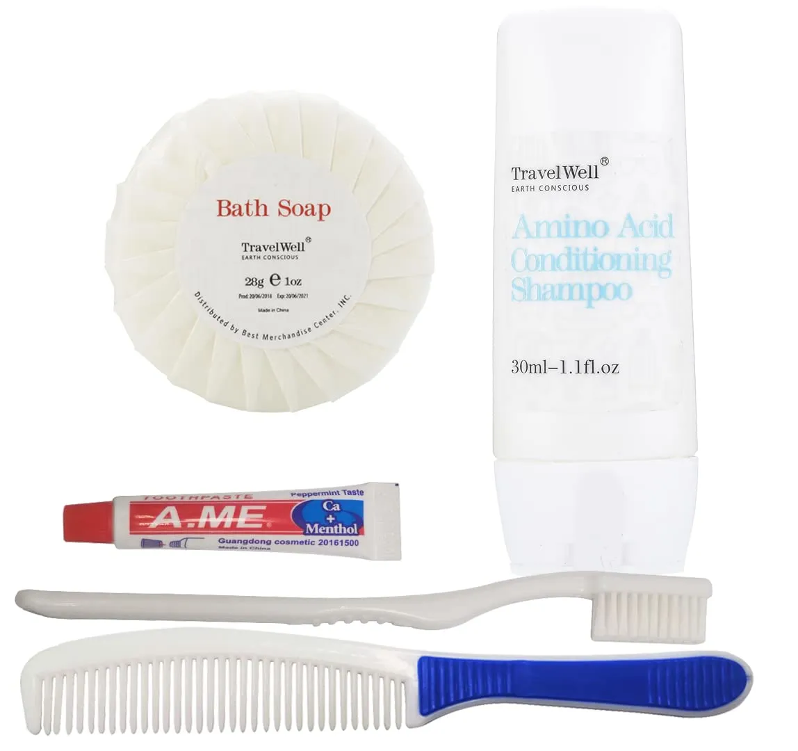 Travel Well Hotel Toiletries Amenities Bulk Individually Wrapped 30ml Shampoo & Conditioner 2 in 1, Round Tissue Pleated 28g Cleaning Travel Soap In Bulk, Comb,Toothbrush Toothpaste 25 Set