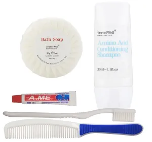 Travel Well Hotel Toiletries Amenities Bulk Individually Wrapped 30ml Shampoo & Conditioner 2 in 1, Round Tissue Pleated 28g Cleaning Travel Soap In Bulk, Comb,Toothbrush Toothpaste 25 Set