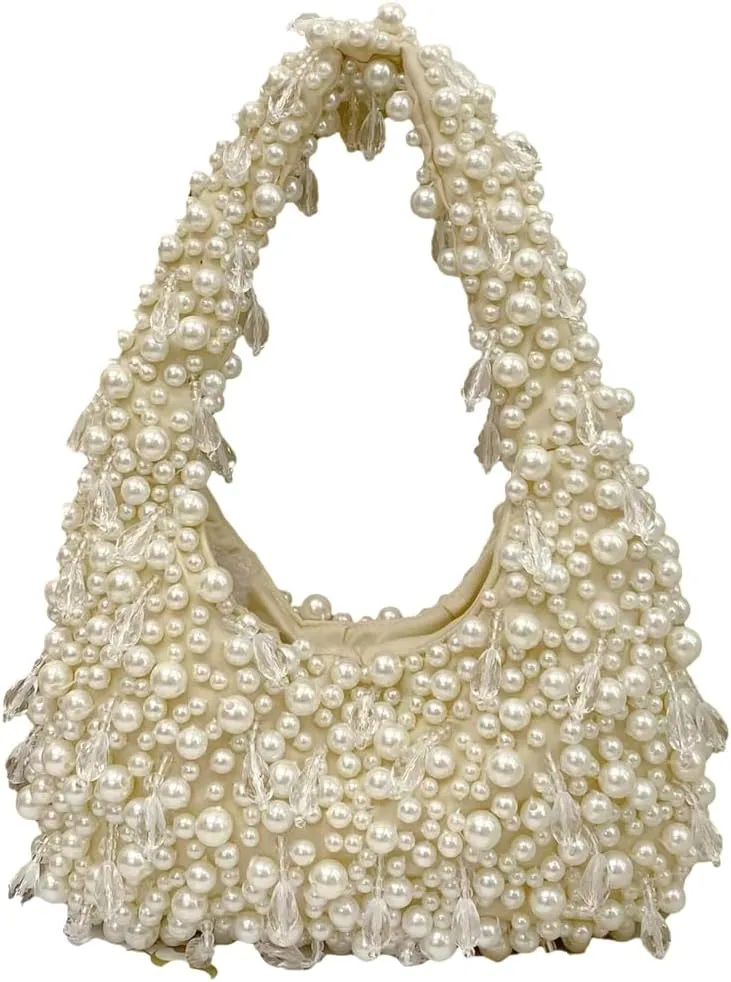 Trendy Pearl Shoulder Purse for Women Small Y2k Tote Bags for Party Rhinestone-Encrusted Designer Handbags