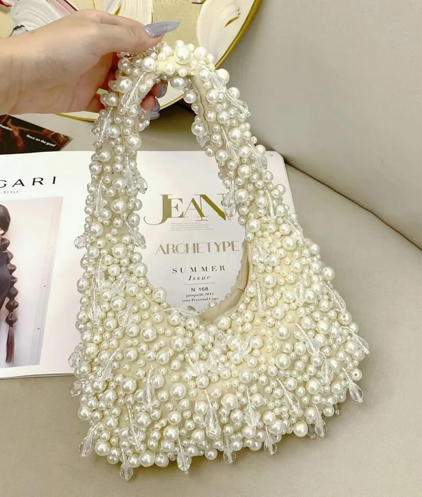Trendy Pearl Shoulder Purse for Women Small Y2k Tote Bags for Party Rhinestone-Encrusted Designer Handbags
