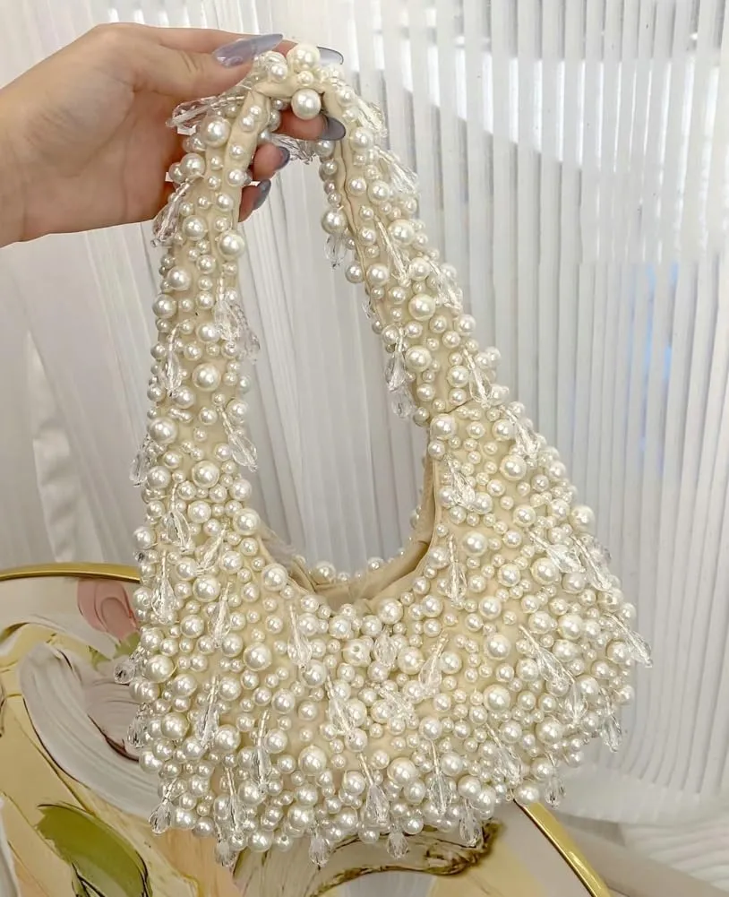 Trendy Pearl Shoulder Purse for Women Small Y2k Tote Bags for Party Rhinestone-Encrusted Designer Handbags
