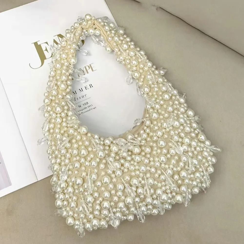 Trendy Pearl Shoulder Purse for Women Small Y2k Tote Bags for Party Rhinestone-Encrusted Designer Handbags