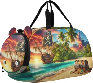 Tropic Pirate Ship Duffle Bag for Girl, Sports Duffle Gym Bags with Shoe Compartment, Personalized Overnight Bag Travel Weekender for Kids