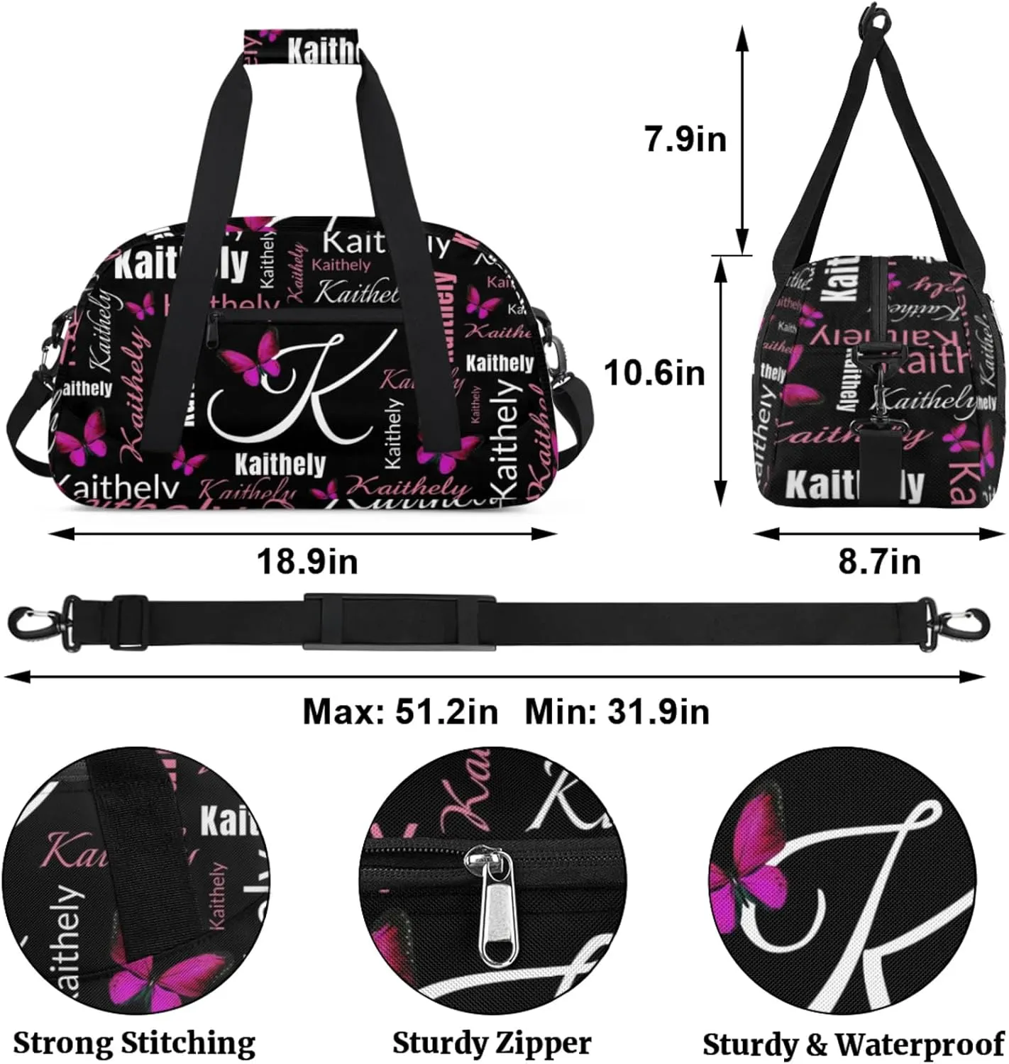 TropicalLife Personalized Dance Bag for Sport Duffel Bag Custom Butterfly Duffle Gym Bag with Name Customized Sports Tote Bags Black Pink