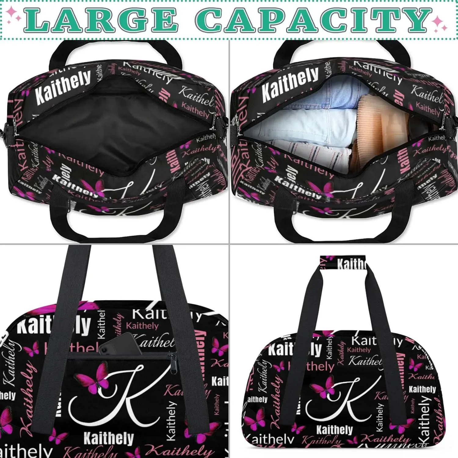 TropicalLife Personalized Dance Bag for Sport Duffel Bag Custom Butterfly Duffle Gym Bag with Name Customized Sports Tote Bags Black Pink