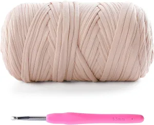 Tshirt Yarn for Crochet - 400 g/130 yds T Shirt Yarn for Crocheting Bags/Baskets/Home Decor - Soft Elastic Fabric T-Shirt Yarn with 1 Crochet Hook (1, Beige)