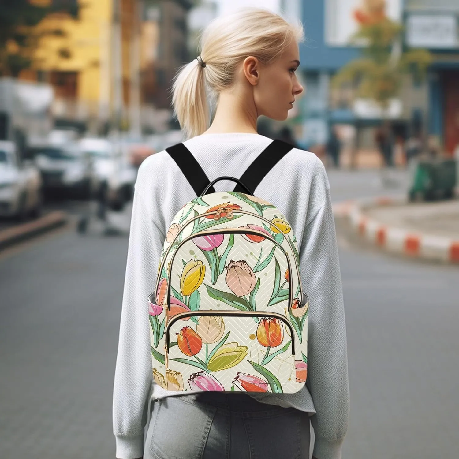 Tulips Flowers Beige Backpack Purse for Women College Shoulder Bags with Anti-theft Back for Travel Trips M