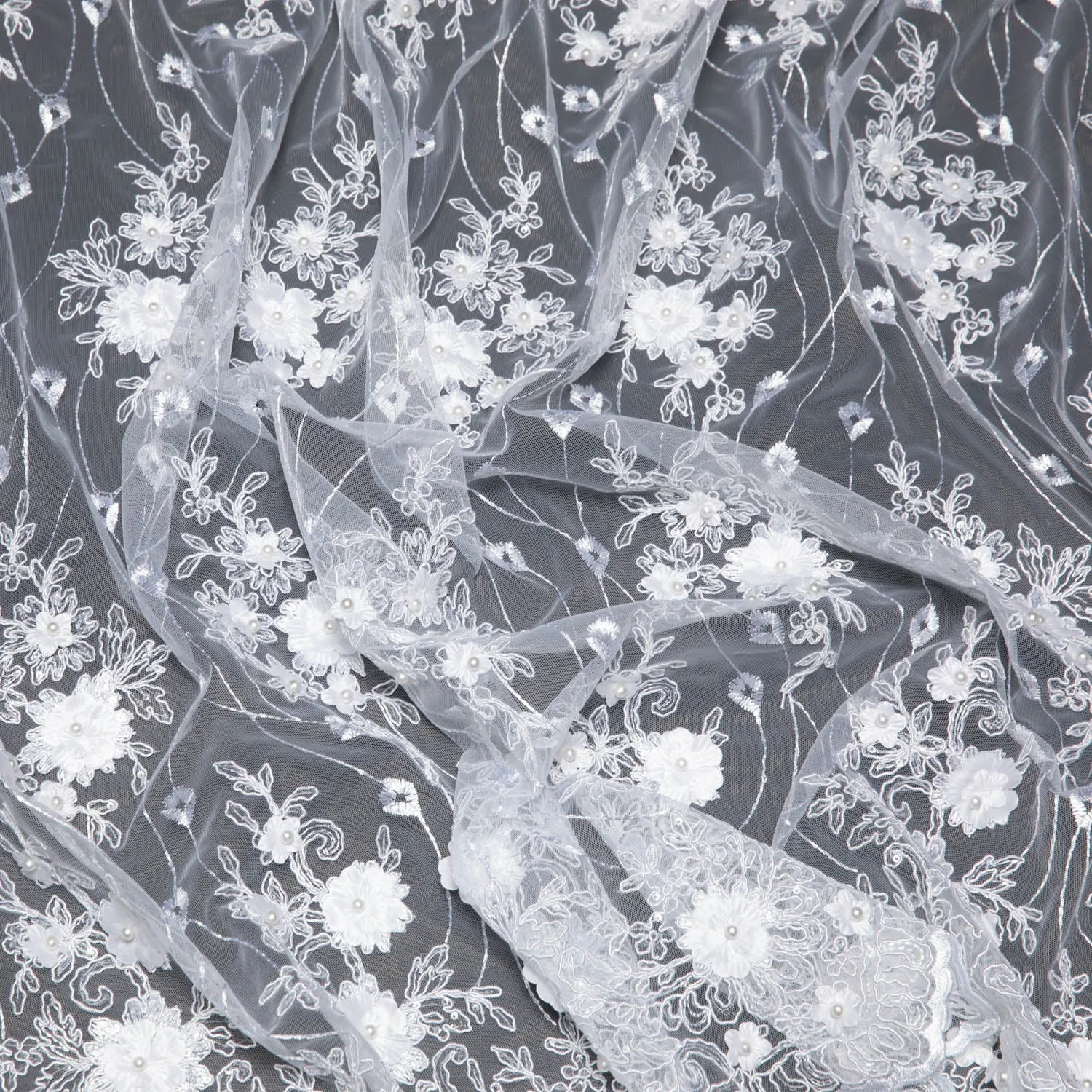 Tulle Lace Fabric Embroidered W/Applique with 3D Floral Pattern 52" Wide | Exquisite Fabric