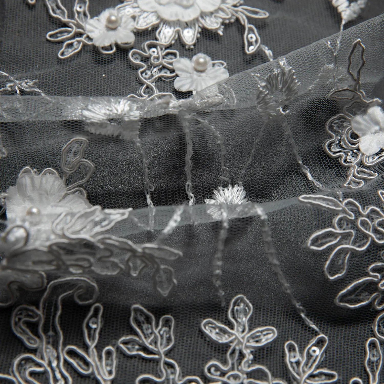 Tulle Lace Fabric Embroidered W/Applique with 3D Floral Pattern 52" Wide | Exquisite Fabric