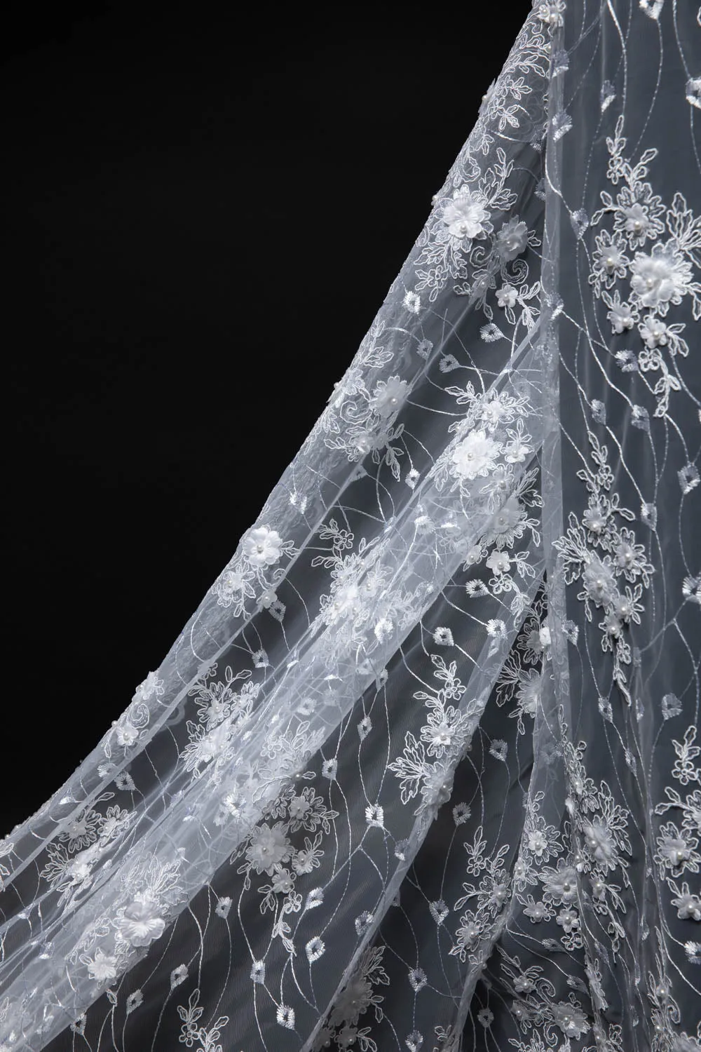 Tulle Lace Fabric Embroidered W/Applique with 3D Floral Pattern 52" Wide | Exquisite Fabric