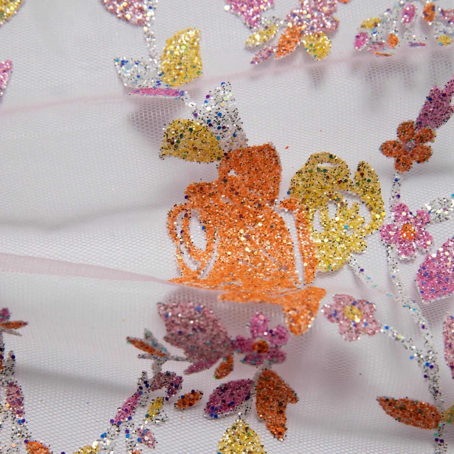 Tulle Lace Fabric with Multicolor Glitter and Floral Design 58" Wide | Exquisite Fabric