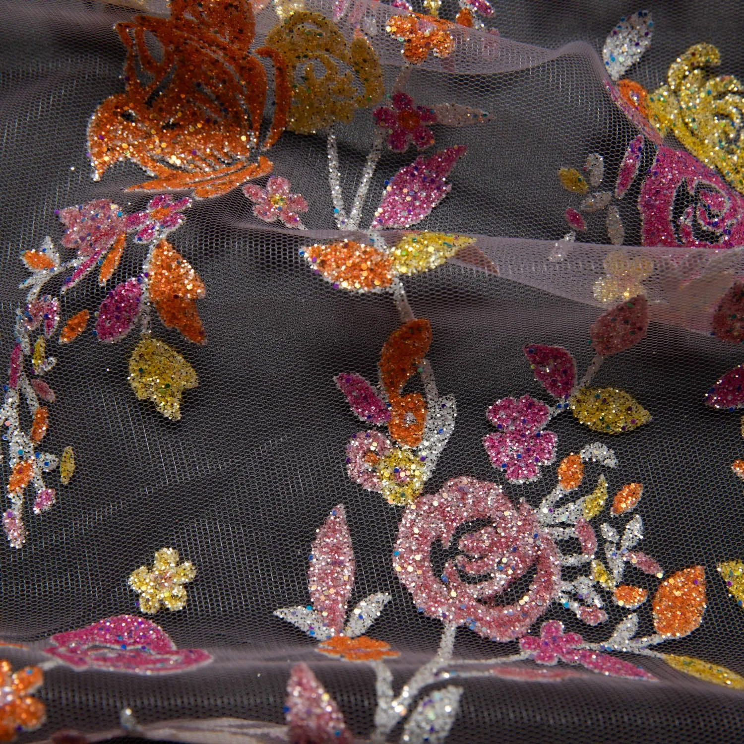 Tulle Lace Fabric with Multicolor Glitter and Floral Design 58" Wide | Exquisite Fabric