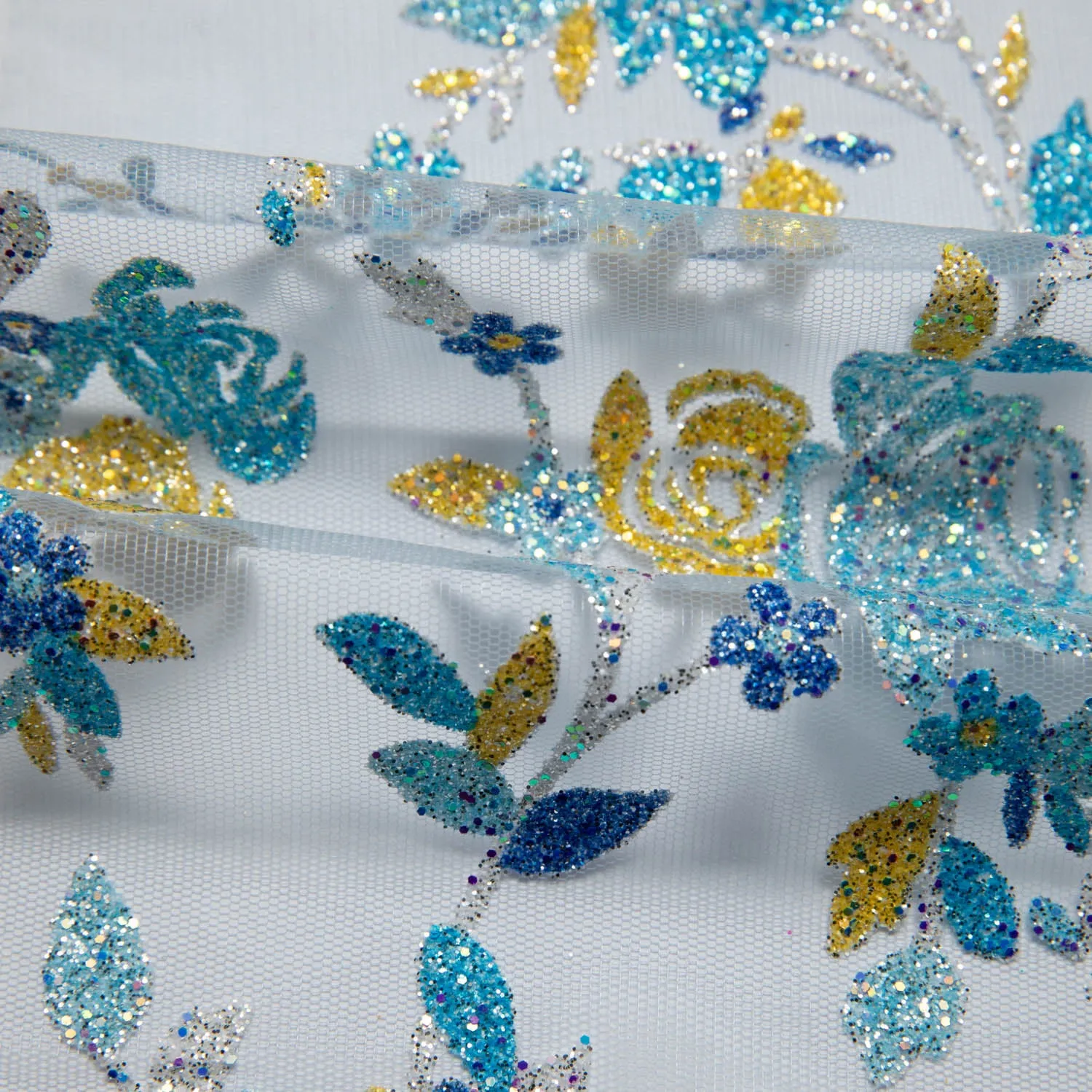 Tulle Lace Fabric with Multicolor Glitter and Floral Design 58" Wide | Exquisite Fabric