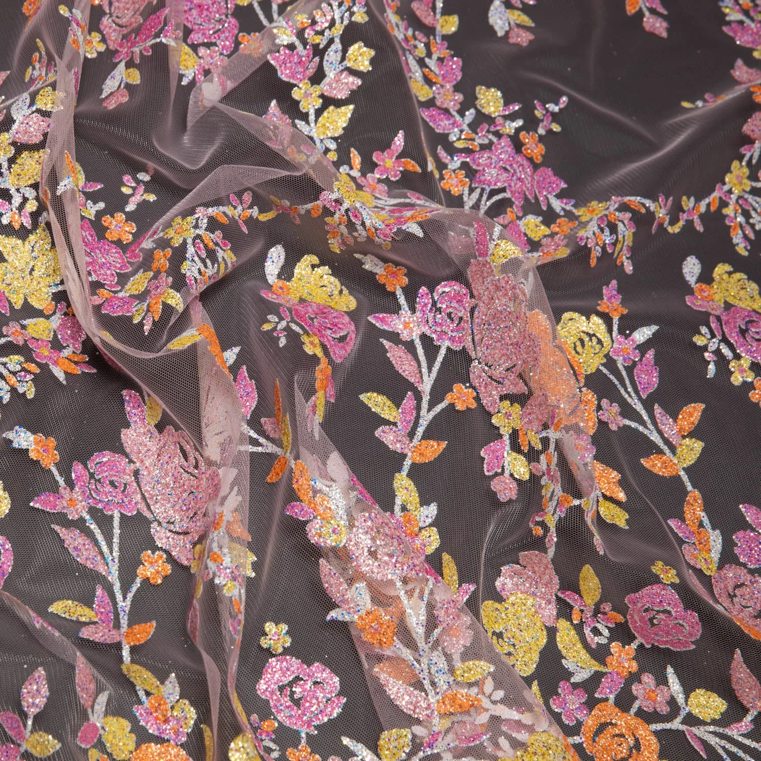 Tulle Lace Fabric with Multicolor Glitter and Floral Design 58" Wide | Exquisite Fabric