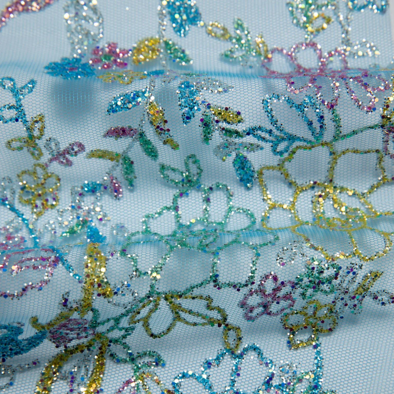 Tulle Lace Fabric with Multicolor Glitter and Floral Pattern 58" Wide | Exquisite Fabric