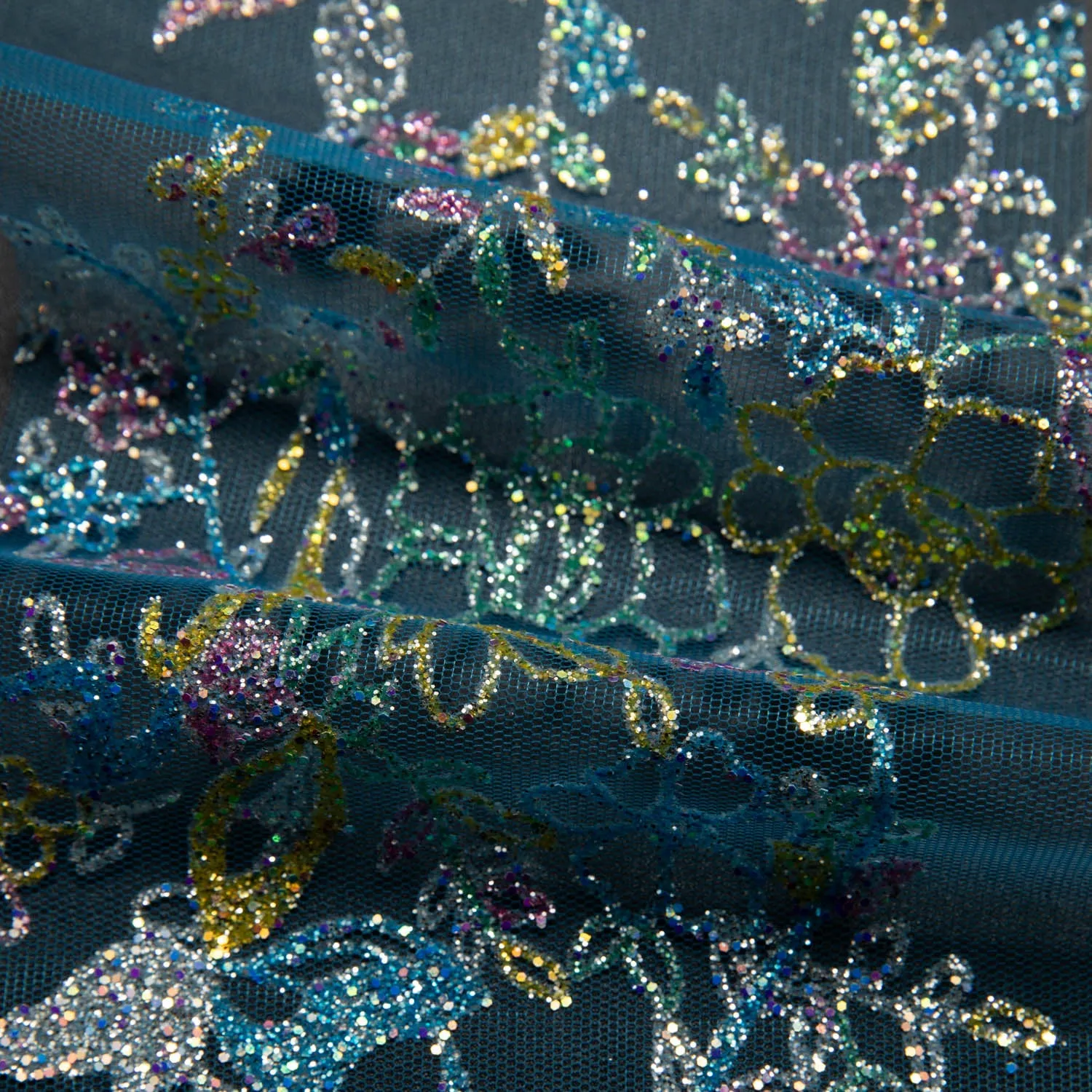 Tulle Lace Fabric with Multicolor Glitter and Floral Pattern 58" Wide | Exquisite Fabric