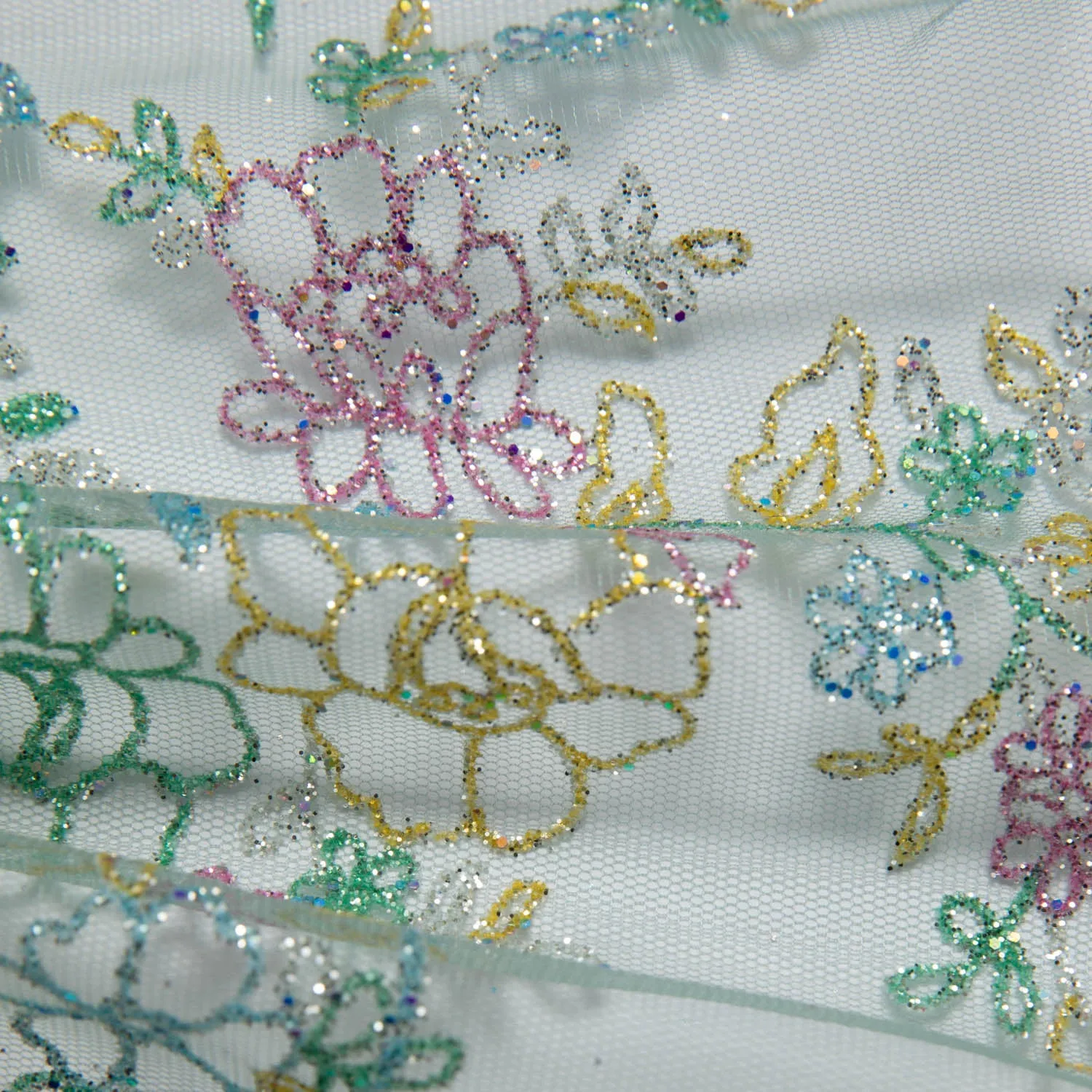 Tulle Lace Fabric with Multicolor Glitter and Floral Pattern 58" Wide | Exquisite Fabric
