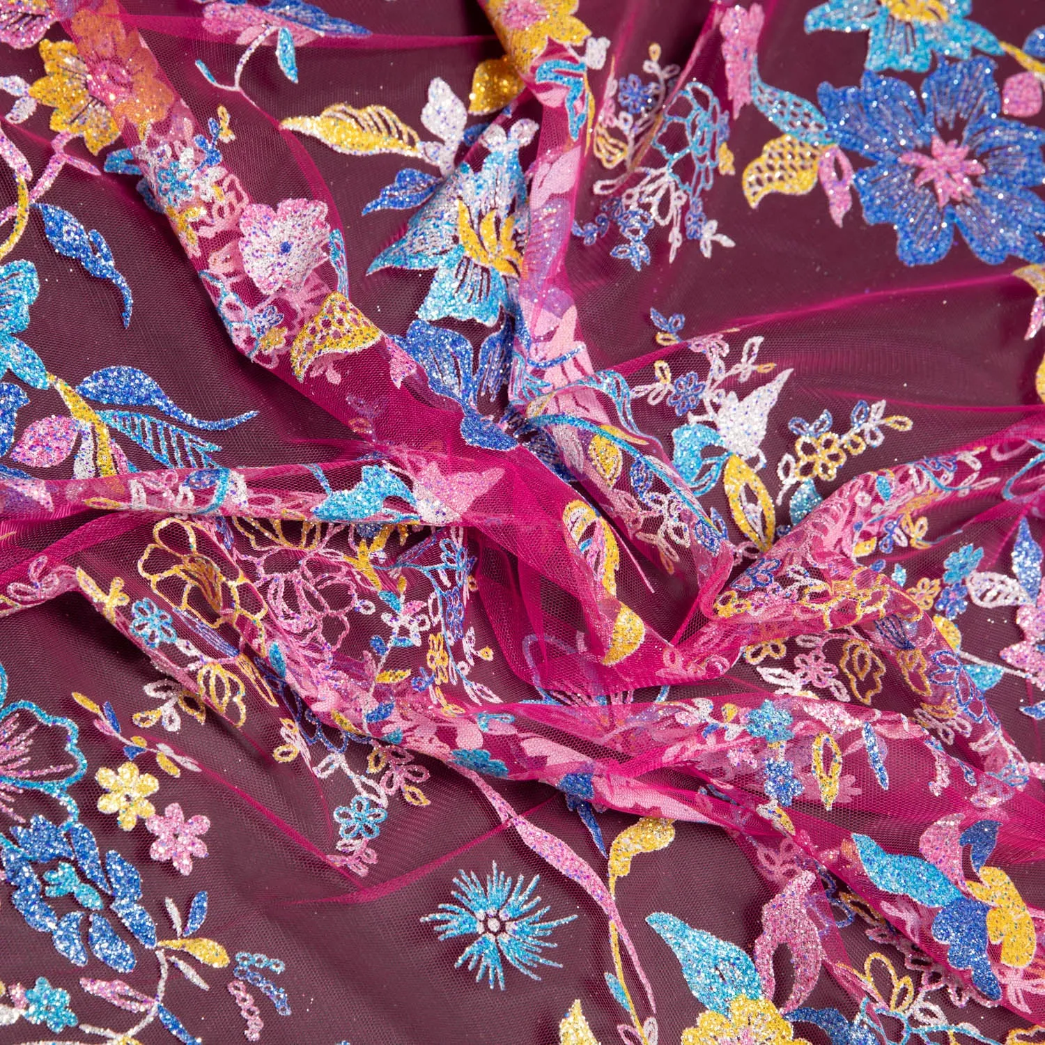 Tulle Lace Fabric with Multicolor Glitter and Floral Pattern 58" Wide | Exquisite Fabric