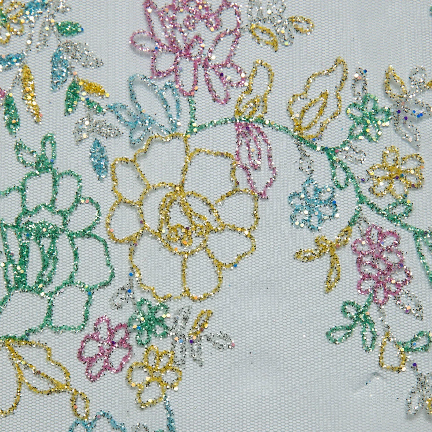 Tulle Lace Fabric with Multicolor Glitter and Floral Pattern 58" Wide | Exquisite Fabric
