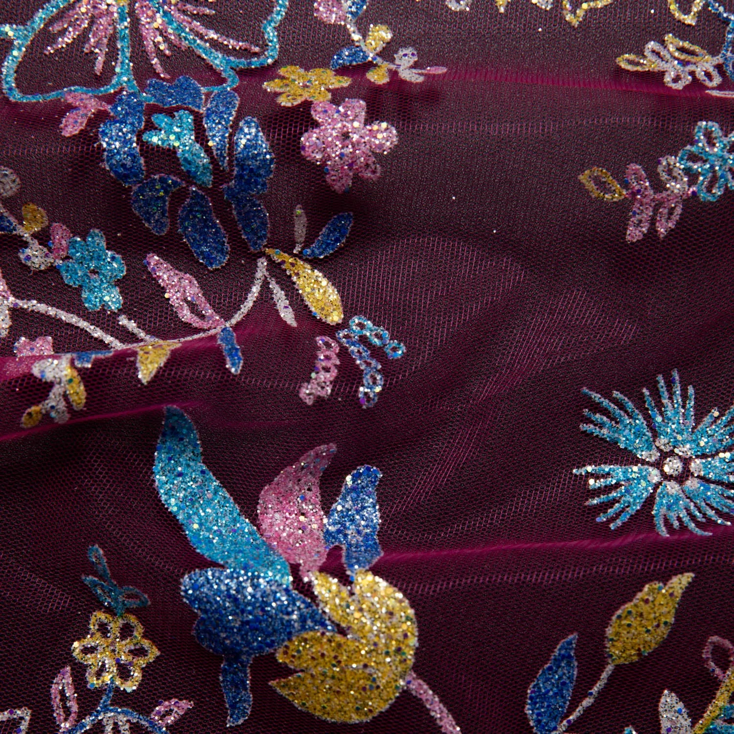 Tulle Lace Fabric with Multicolor Glitter and Floral Pattern 58" Wide | Exquisite Fabric