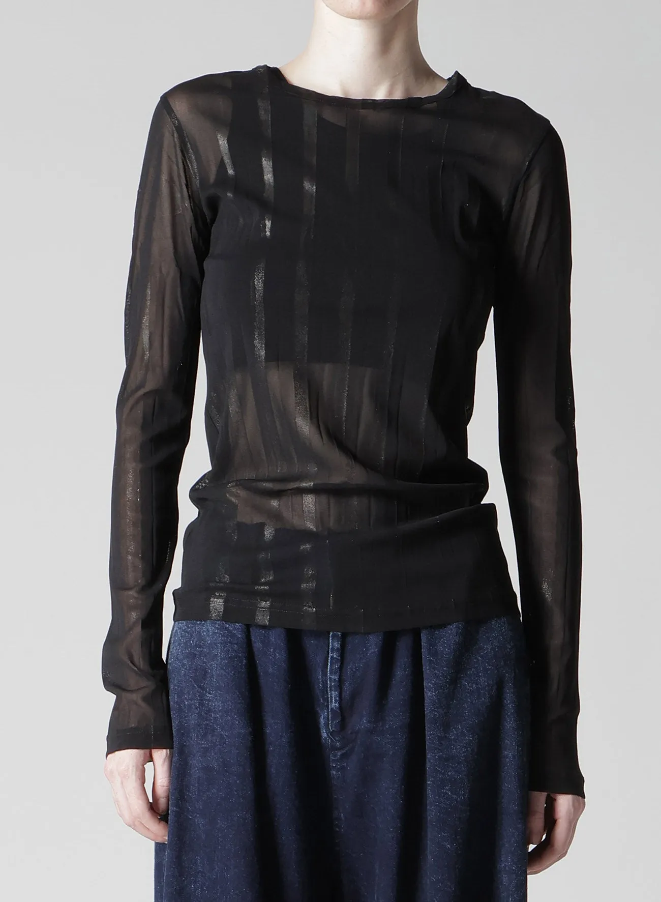 TULLE PLEATS LONG SLEEVE ROUND NECK T