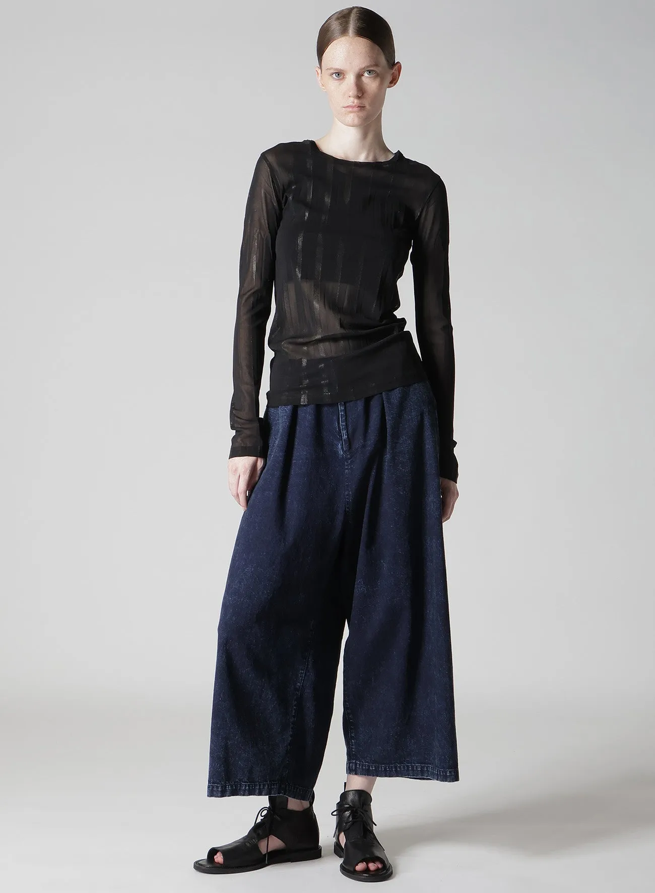 TULLE PLEATS LONG SLEEVE ROUND NECK T