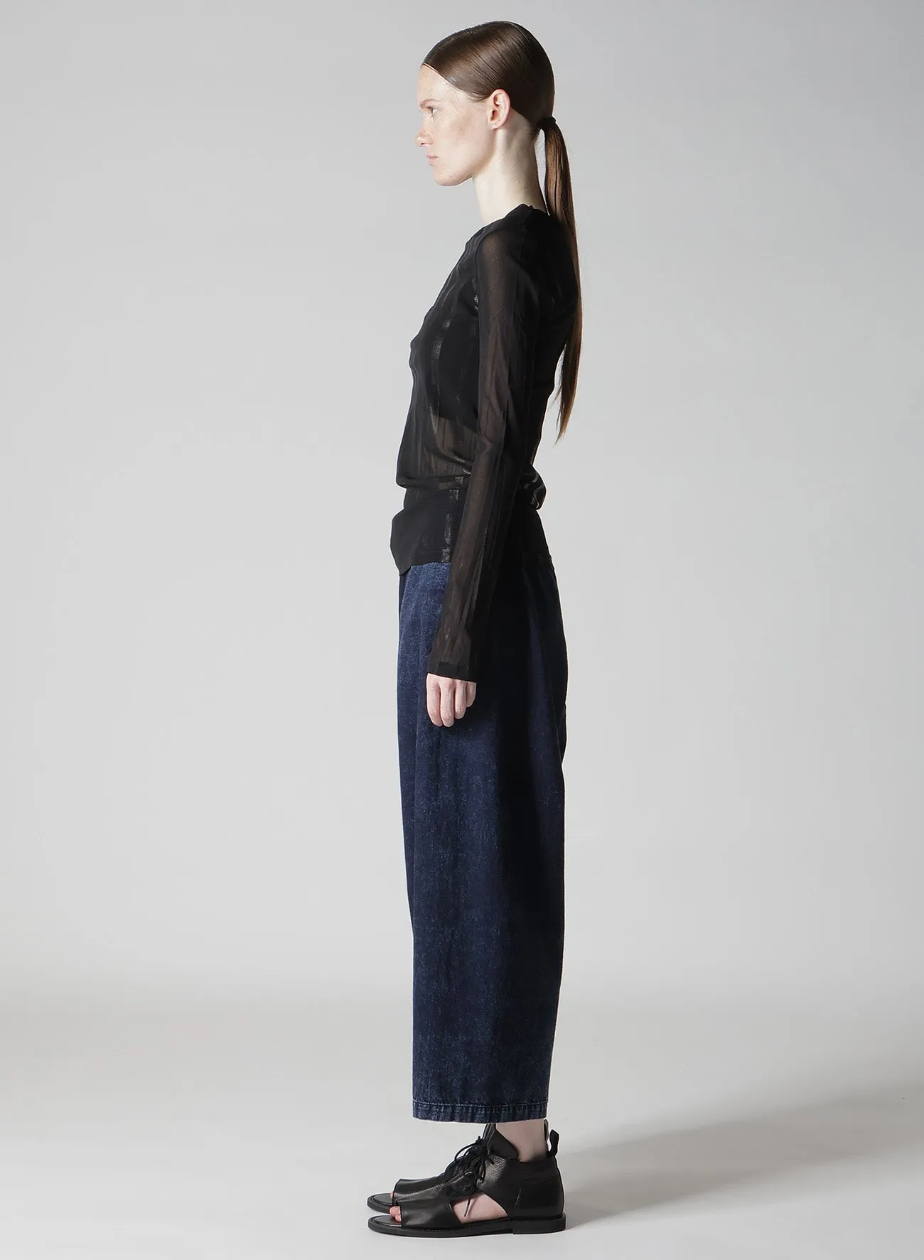 TULLE PLEATS LONG SLEEVE ROUND NECK T