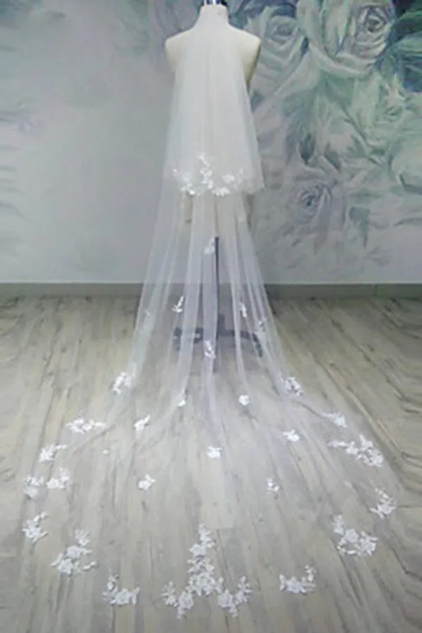 Two-tier Cut Edge Wedding Veil Tulle Applique Chapel Veils