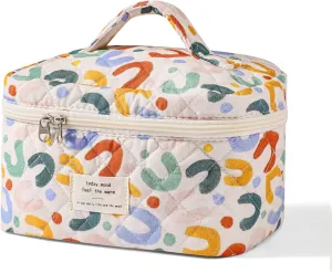 uekeboag Large Travel Quilted Makeup Bag for Women, Floral Cotton Cosmetic Bag, Coquette Aesthetic Floral Toiletry Organizer Bag