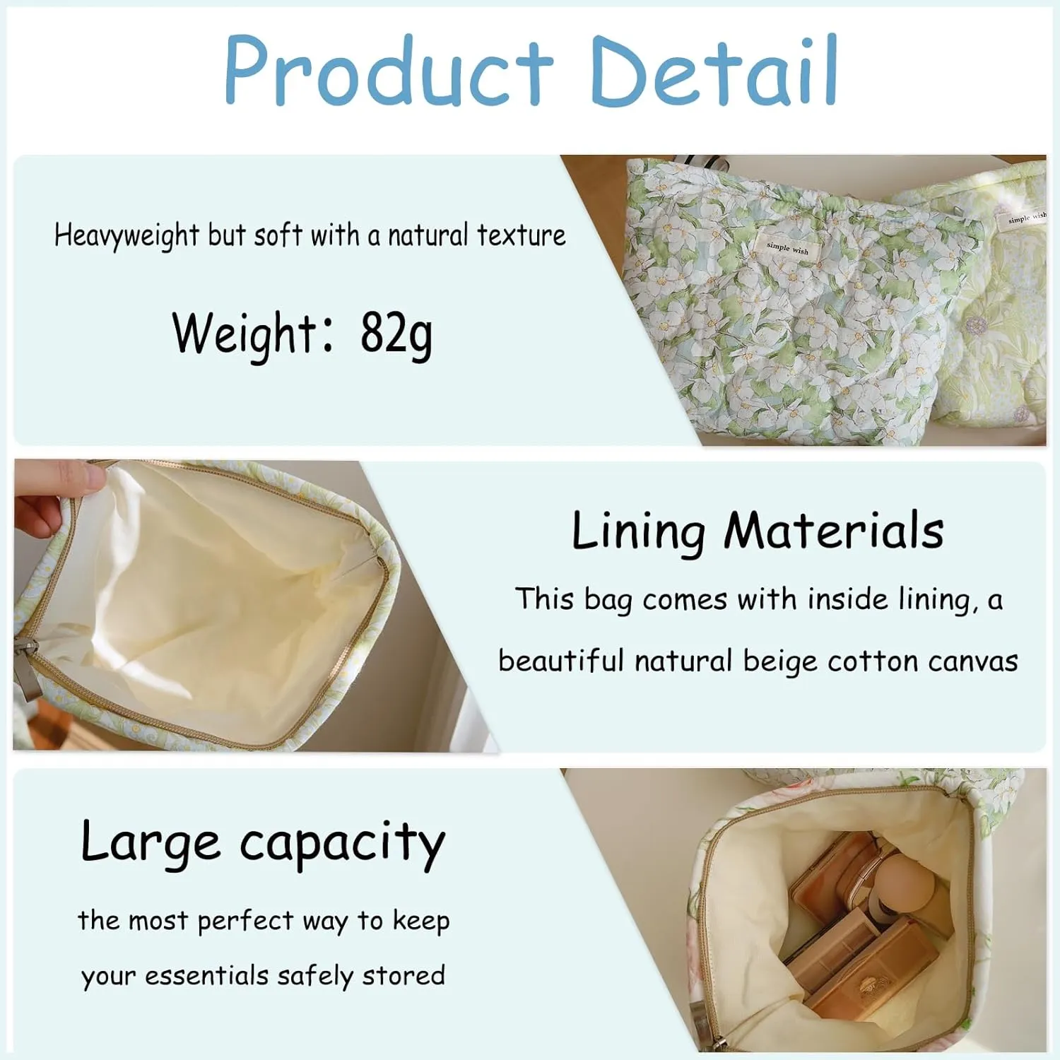 uekeboag Quilted Floral Cotton Makeup Pouch,Coquette Quilted Cosmetic Bag for Women and Girls, Aesthetic Organizer Bag, Flower Cute Travel Toiletry Bags(11 Leaves)