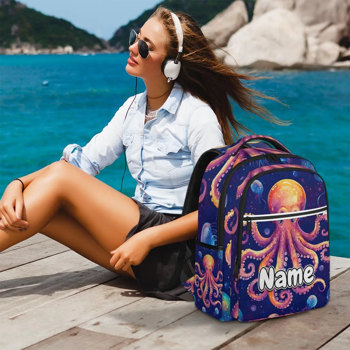 Underwater Octopus Personalized Laptop Backpack with Name Custom Shoulder Bags for Women Men Waterproof Travel Casual Daypack Laptop Bag Gifts 16.1in