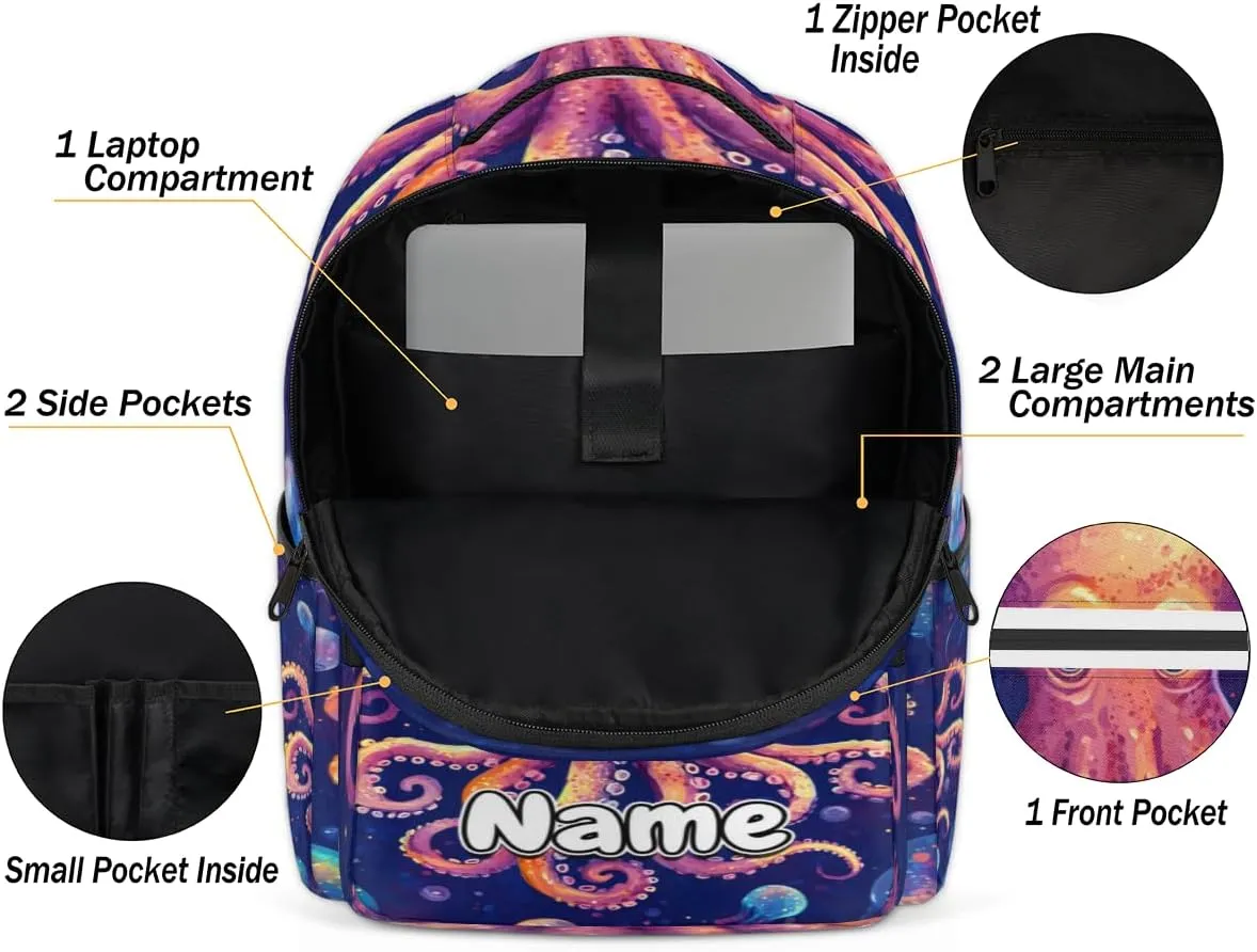 Underwater Octopus Personalized Laptop Backpack with Name Custom Shoulder Bags for Women Men Waterproof Travel Casual Daypack Laptop Bag Gifts 16.1in