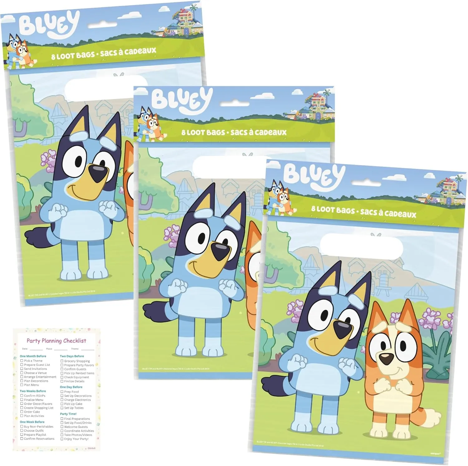 Unique Bluey Birthday Party Supplies Set - Bundle with 24 Plastic Bluey Party Favor Bags and Checklist – Bluey Birthday Decorations - Party Supplies