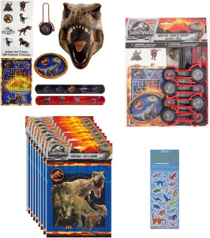 Unique Jurassic World Party Supplies Bundle Pack Includes 8 Plastic Loot Bags, 48 Pc Pack Includes 8 Sticker Sheets, 8 Tattoos, 8 Activity Sheets, 8 Slap Bracelets, 8 Paper Masks, 8 Disc Shooters