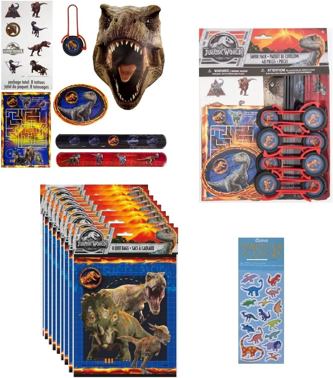 Unique Jurassic World Party Supplies Bundle Pack Includes 8 Plastic Loot Bags, 48 Pc Pack Includes 8 Sticker Sheets, 8 Tattoos, 8 Activity Sheets, 8 Slap Bracelets, 8 Paper Masks, 8 Disc Shooters