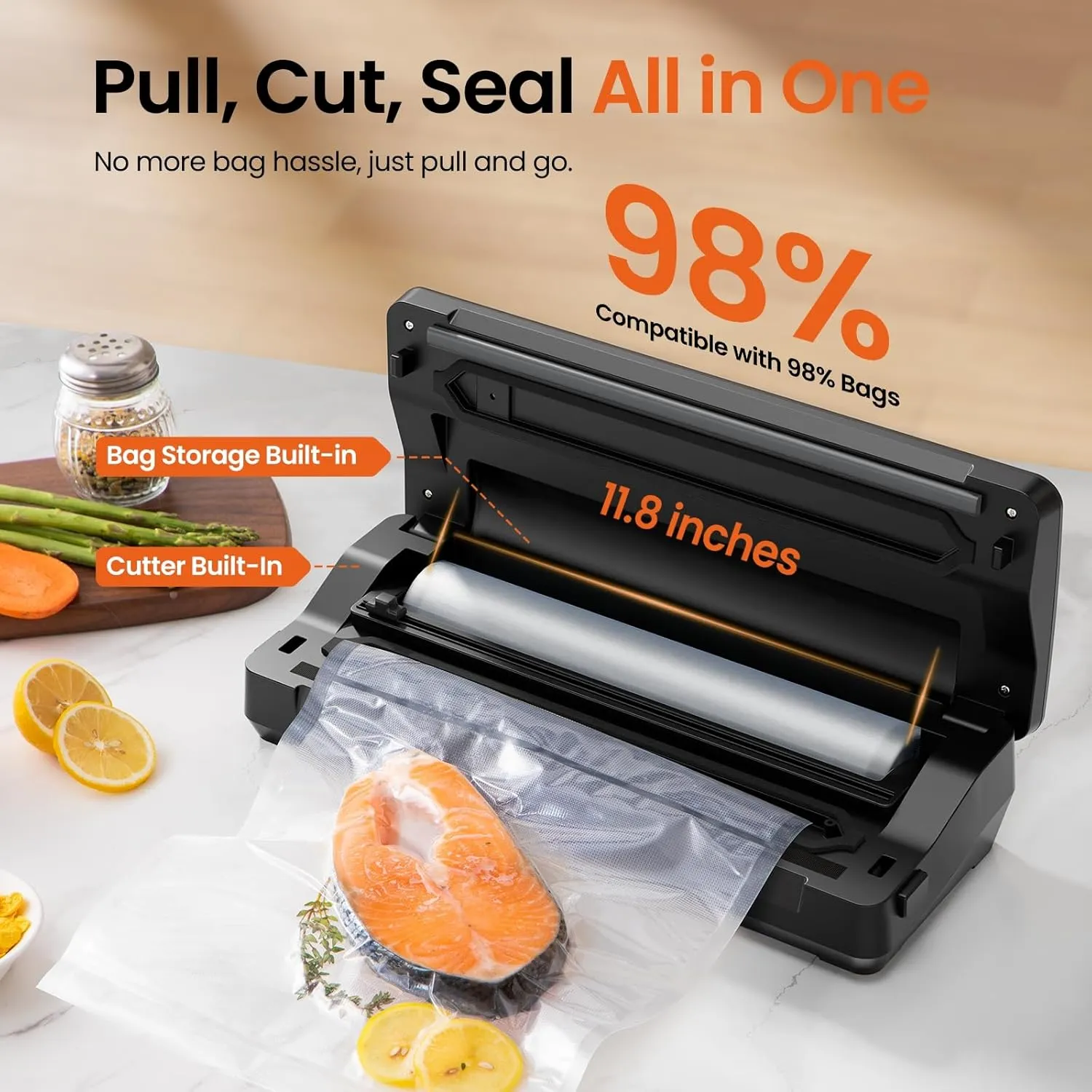 Vacuum Sealer for Food - 90kpa Vacuum Sealer Machine with Bags Storage and Built-in Cutter, Food Sealer with External Vac Function, Dry Moist Modes, Bag Roll included, Stainless Steel