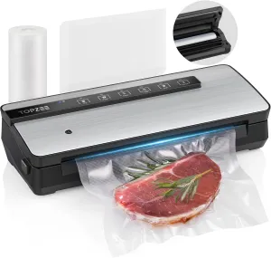 Vacuum Sealer for Food - 90kpa Vacuum Sealer Machine with Bags Storage and Built-in Cutter, Food Sealer with External Vac Function, Dry Moist Modes, Bag Roll included, Stainless Steel