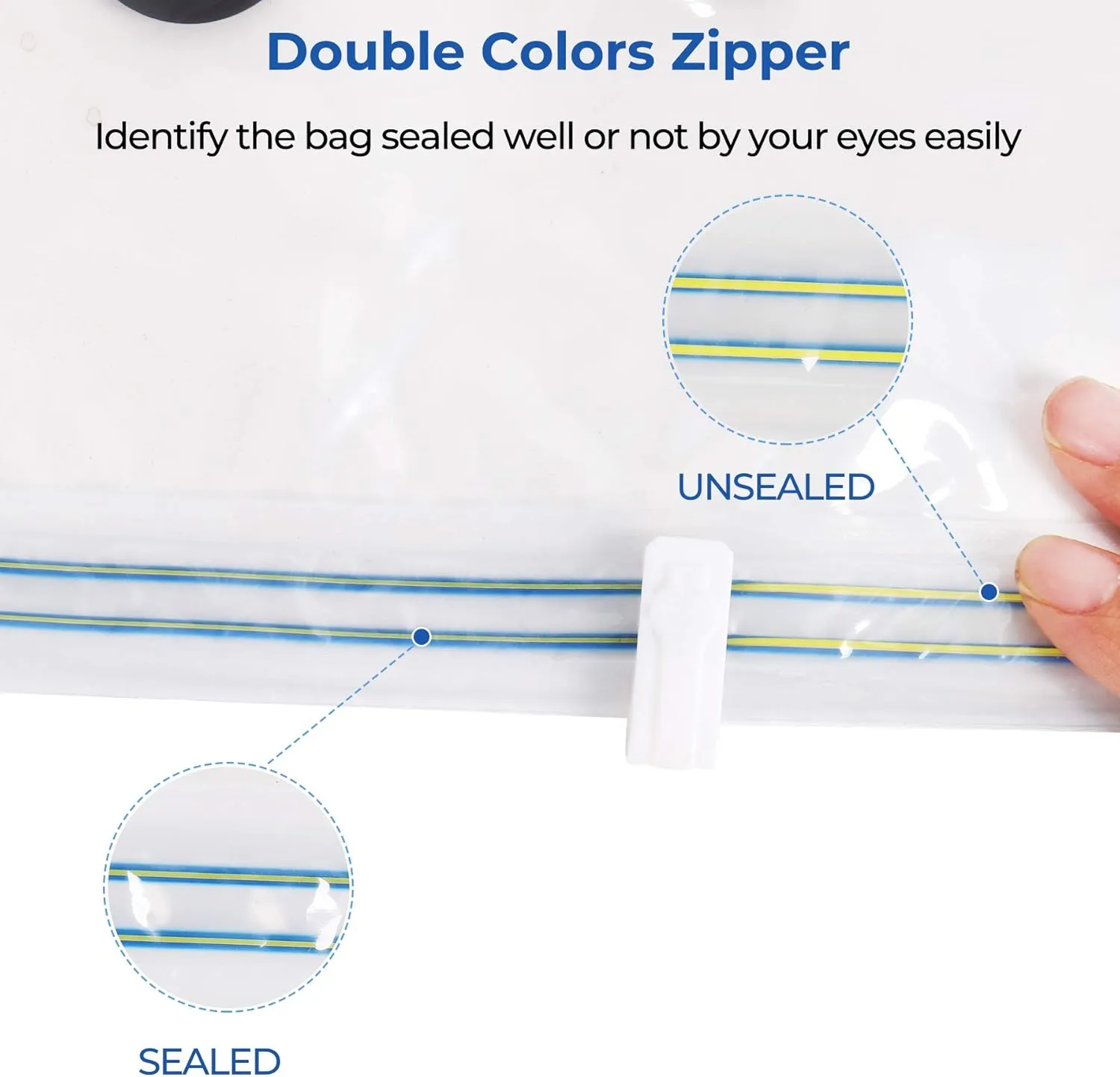 Vacuum Storage Bags, Compressed Air by Sitting, No Pump Needed, Double-Color Zip, for Clothes, Pillows, Towels, Blankets, White