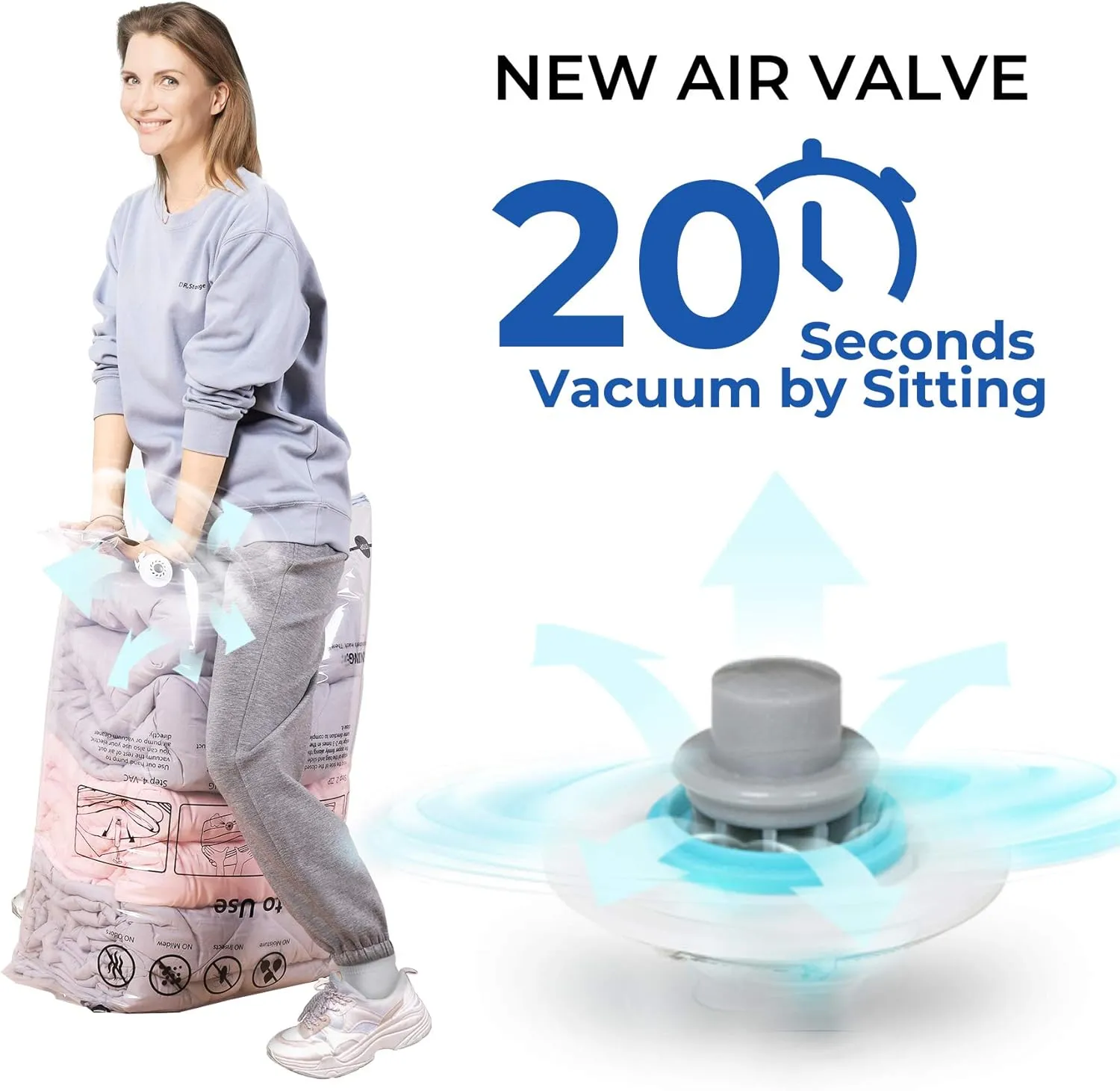 Vacuum Storage Bags, Compressed Air by Sitting, No Pump Needed, Double-Color Zip, for Clothes, Pillows, Towels, Blankets, White