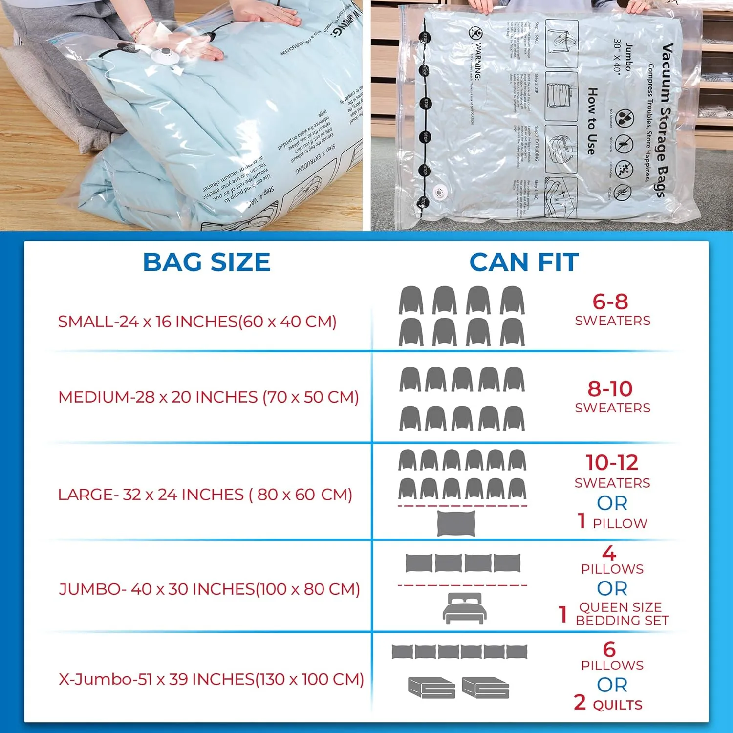 Vacuum Storage Bags, Compressed Air by Sitting, No Pump Needed, Double-Color Zip, for Clothes, Pillows, Towels, Blankets, White